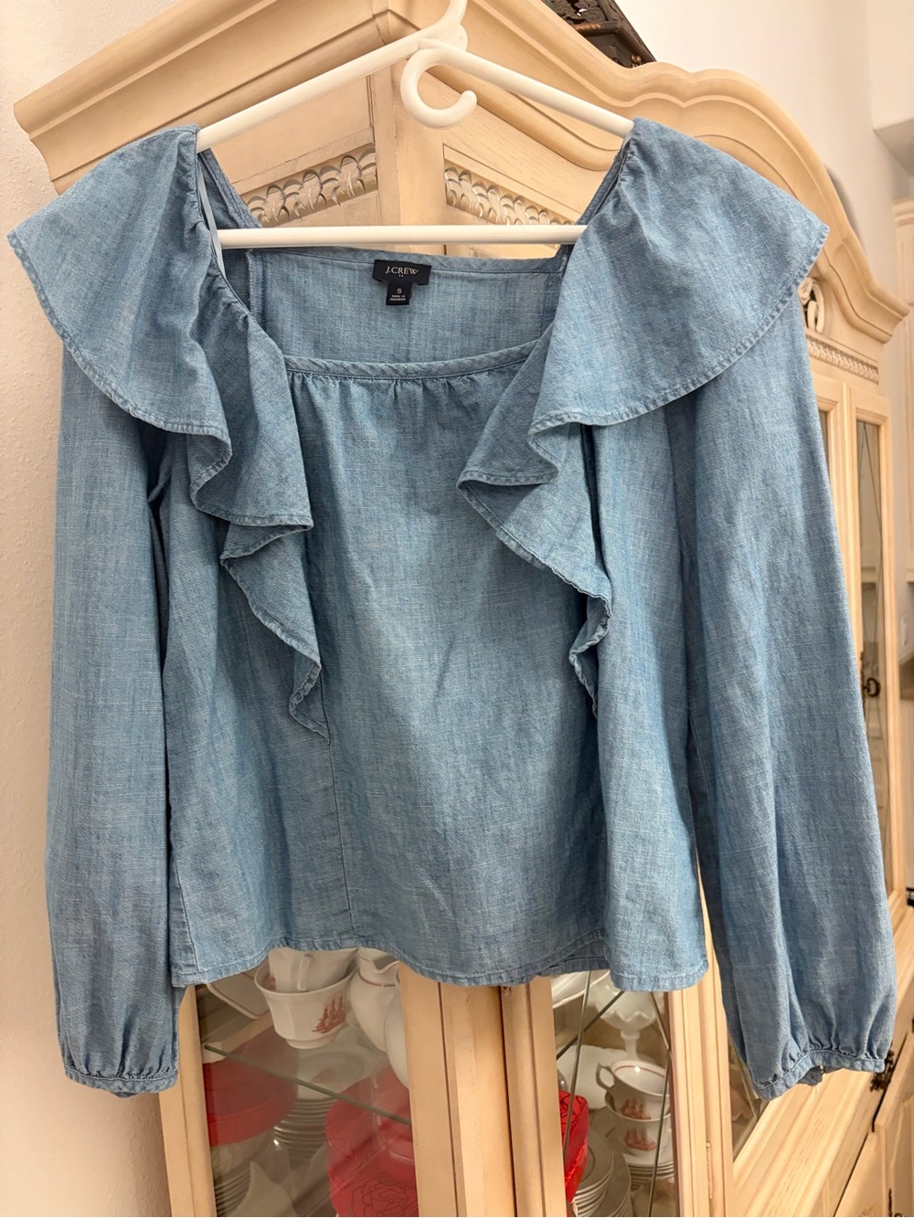 J. Crew Chambray Ruffle Long Sleeve Top